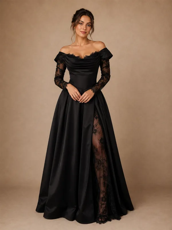ChicSew Unique A-Line Off The Shoulder Floor-Length Side Slit Satin Wedding Dress With Long Floral Lace Sleeves made by ChicSew