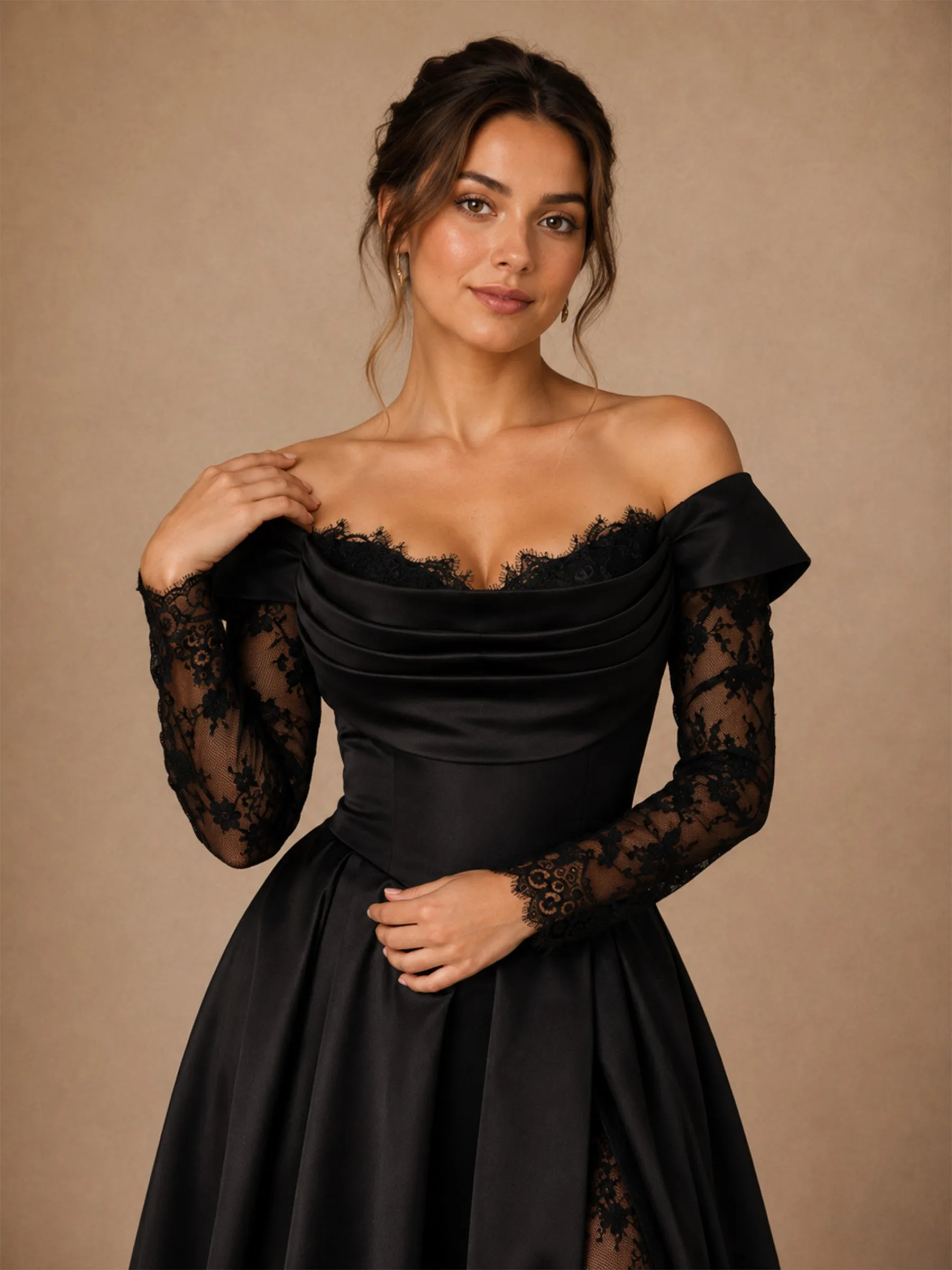 ChicSew Unique A-Line Off The Shoulder Floor-Length Side Slit Satin Wedding Dress With Long Floral Lace Sleeves sold by ChicSew product image thumbnail 2