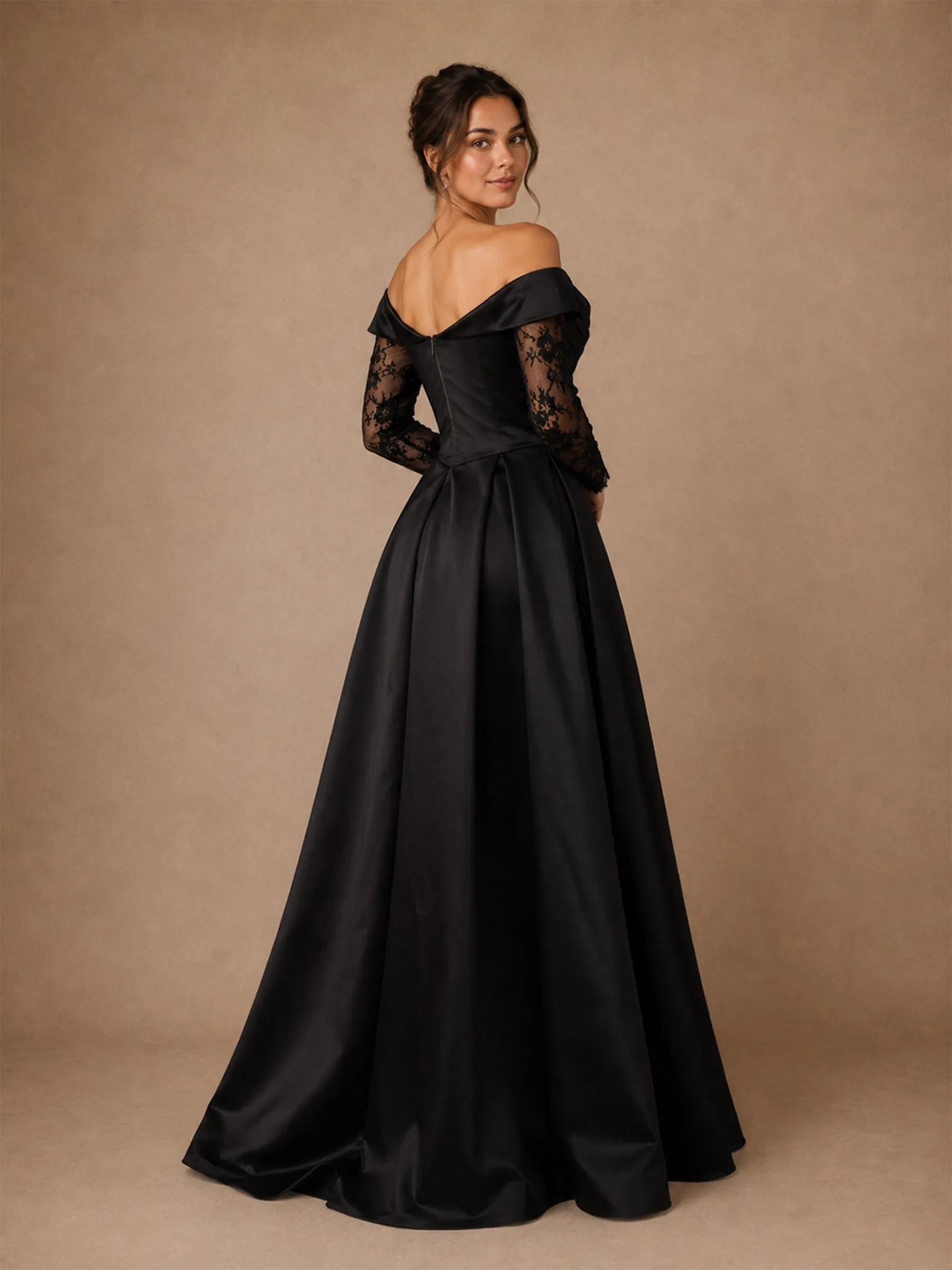 ChicSew Unique A-Line Off The Shoulder Floor-Length Side Slit Satin Wedding Dress With Long Floral Lace Sleeves sold by ChicSew product image thumbnail 3