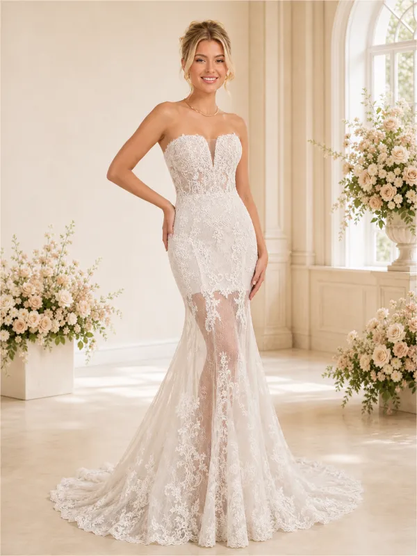 ChicSew Fancy Mermaid Lace Tulle Sweetheart Sleeveless Floor-Length Wedding Dresses Online made by ChicSew