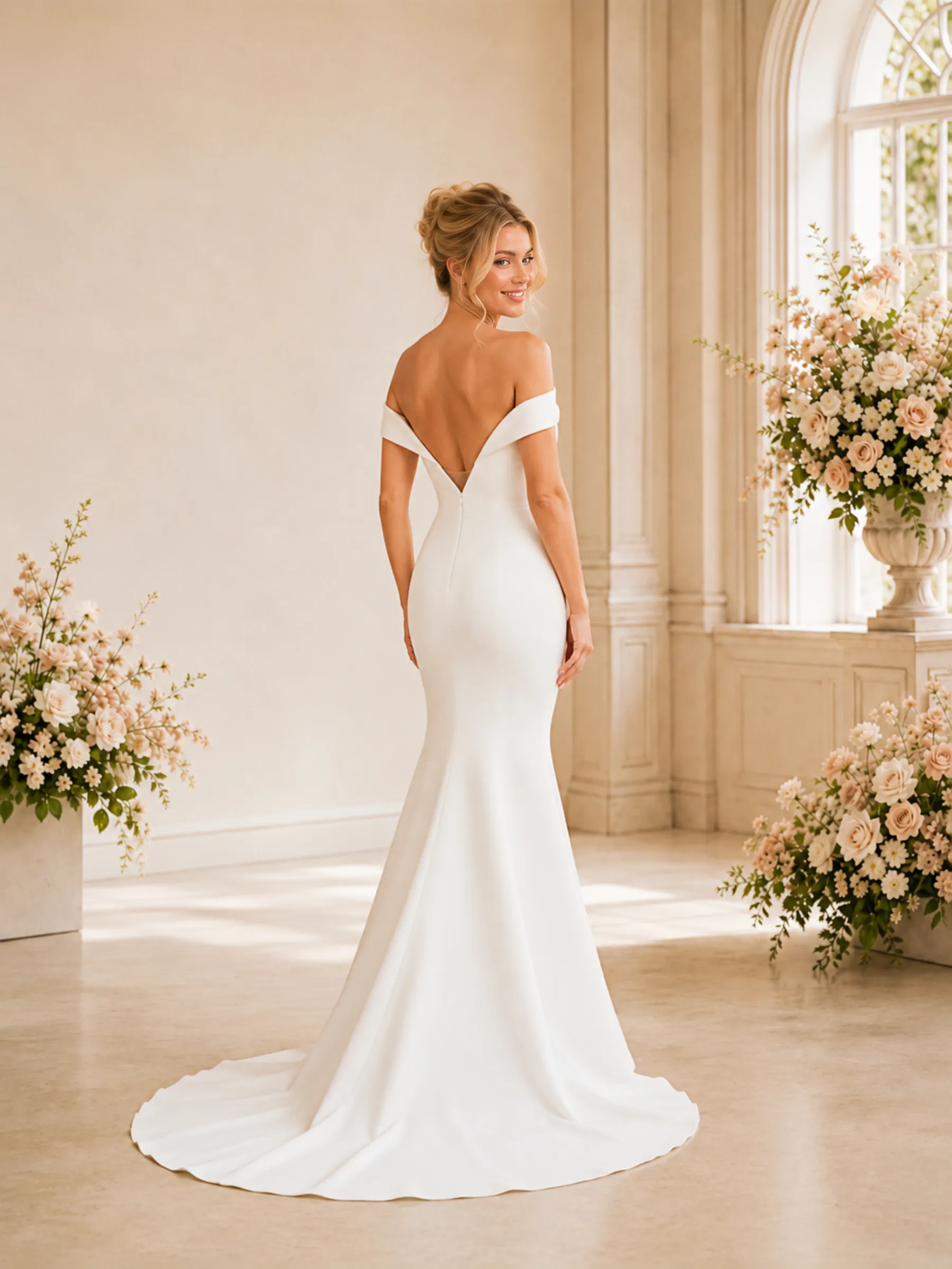 ChicSew Classy Elegant Off The Shoulder Crepe Mermaid Floor-Length Wedding Dress With Train sold by ChicSew product image thumbnail 4
