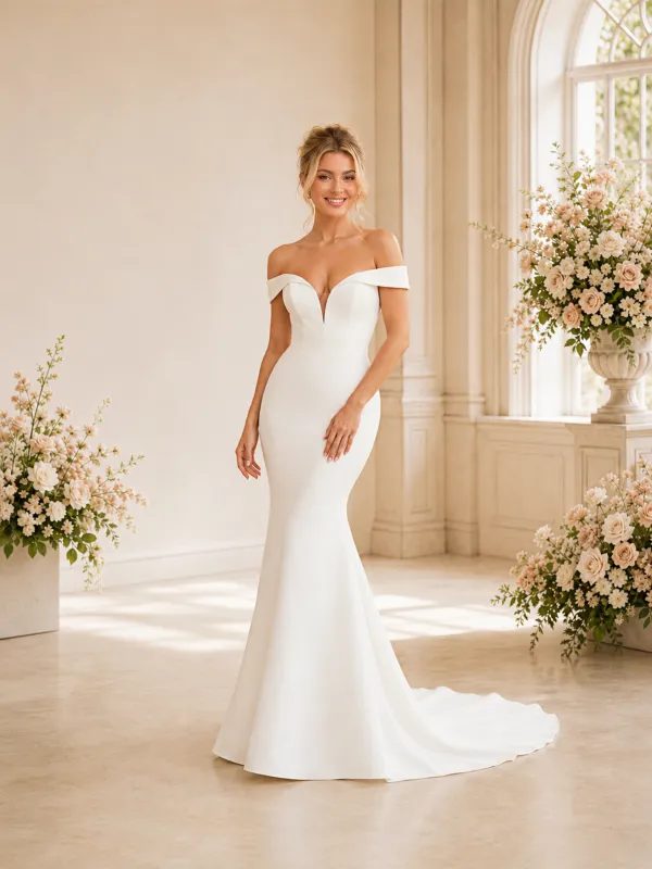 ChicSew Classy Elegant Off The Shoulder Crepe Mermaid Floor-Length Wedding Dress With Train made by ChicSew