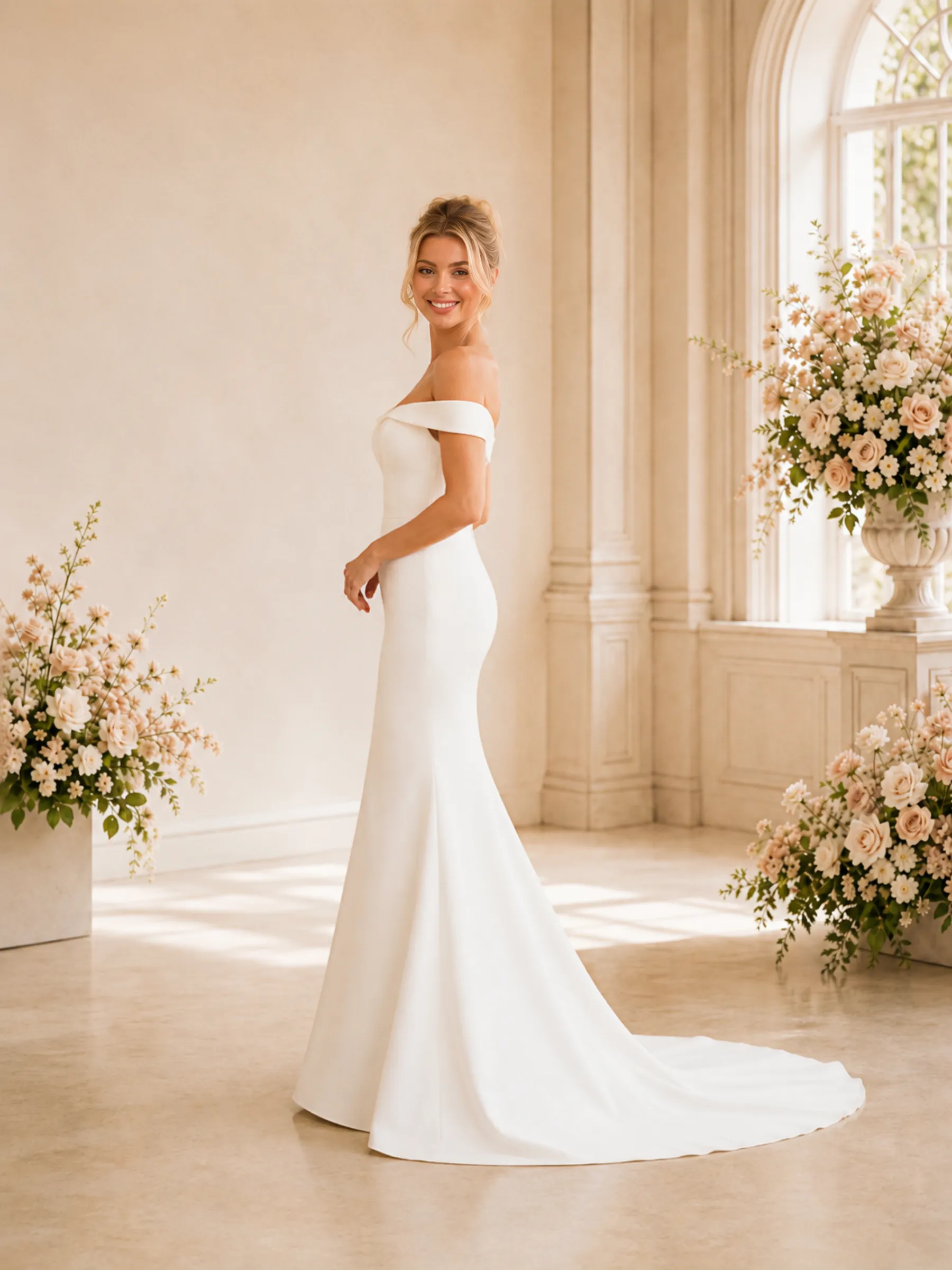 ChicSew Classy Elegant Off The Shoulder Crepe Mermaid Floor-Length Wedding Dress With Train sold by ChicSew product image thumbnail 3
