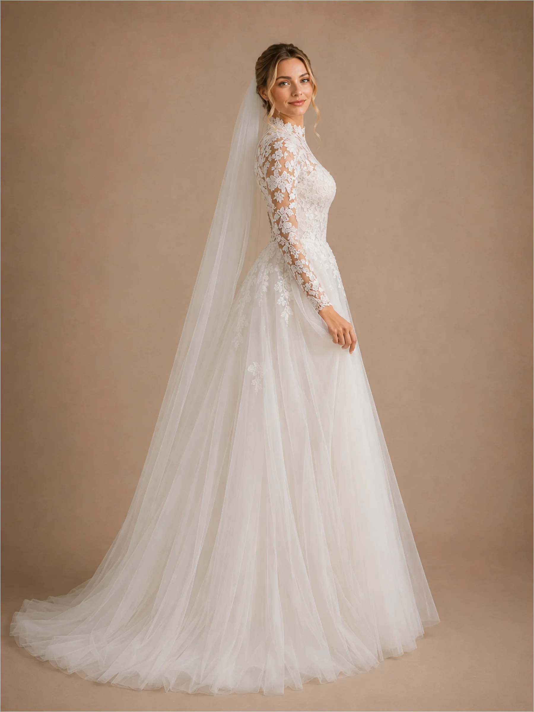 ChicSew Elegant High Neck A-Line Long Sleeves Lace Tulle Floor-Length Wedding Dress With Applique sold by ChicSew product image thumbnail 4