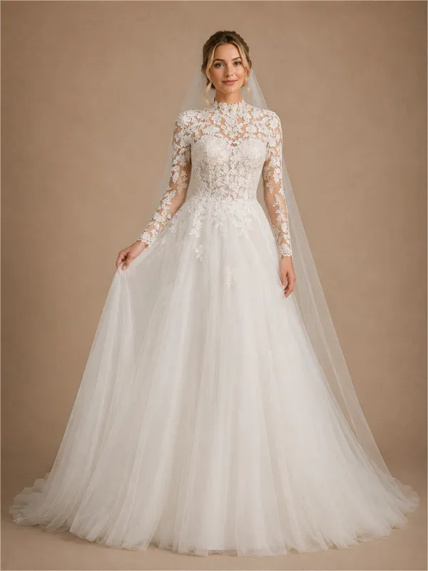 ChicSew Elegant High Neck A-Line Long Sleeves Lace Tulle Floor-Length Wedding Dress With Applique made by ChicSew