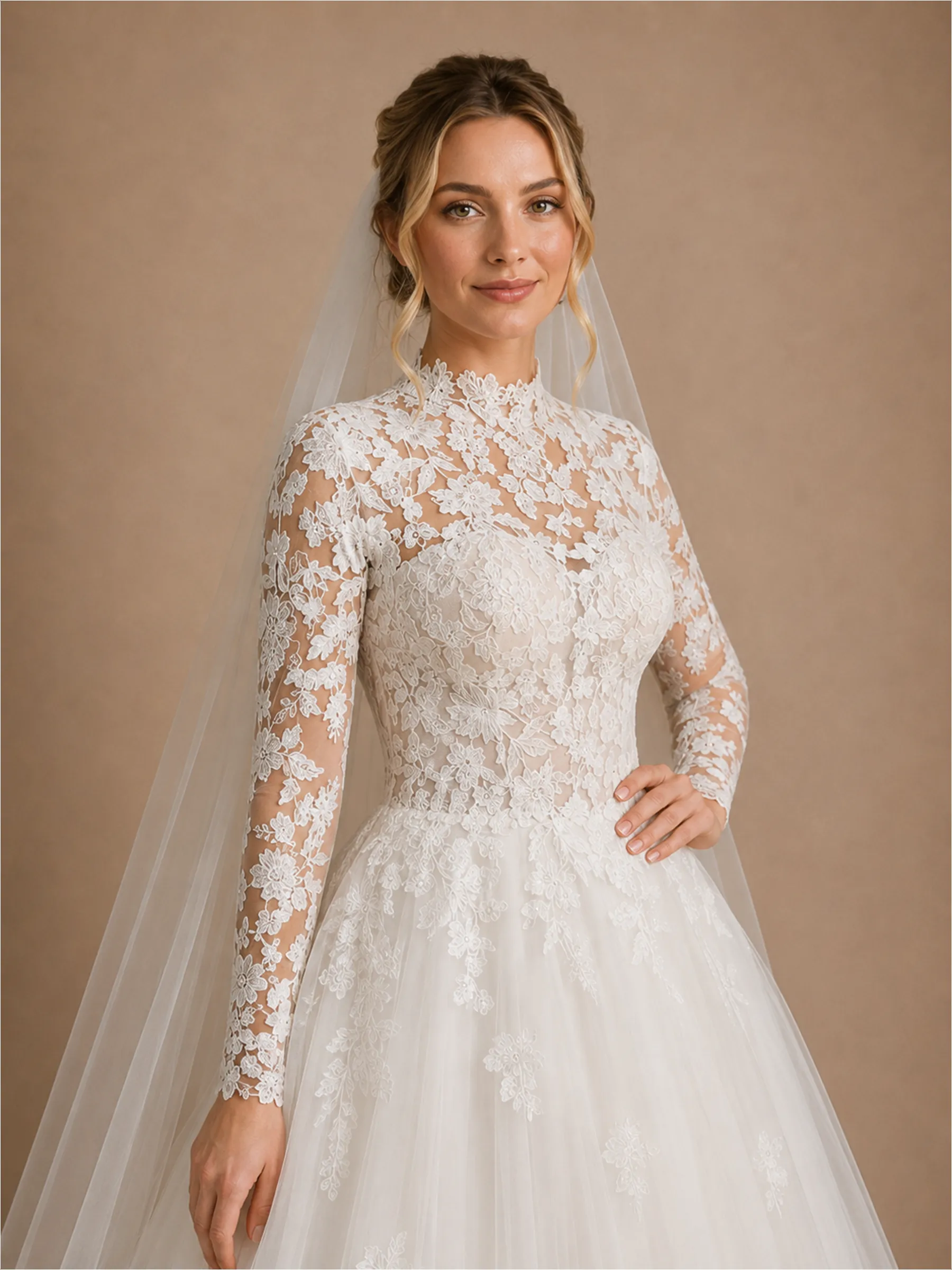 ChicSew Elegant High Neck A-Line Long Sleeves Lace Tulle Floor-Length Wedding Dress With Applique sold by ChicSew product image thumbnail 2