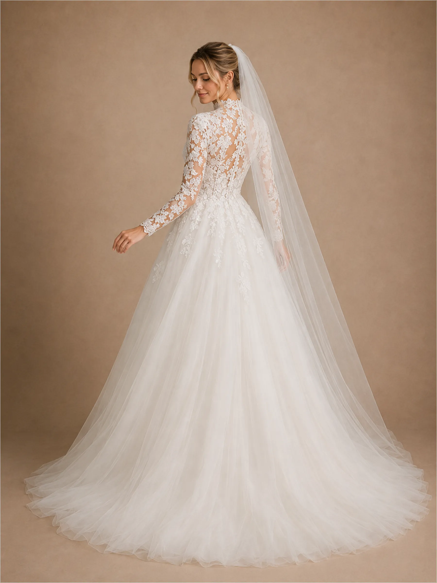 ChicSew Elegant High Neck A-Line Long Sleeves Lace Tulle Floor-Length Wedding Dress With Applique sold by ChicSew product image thumbnail 3