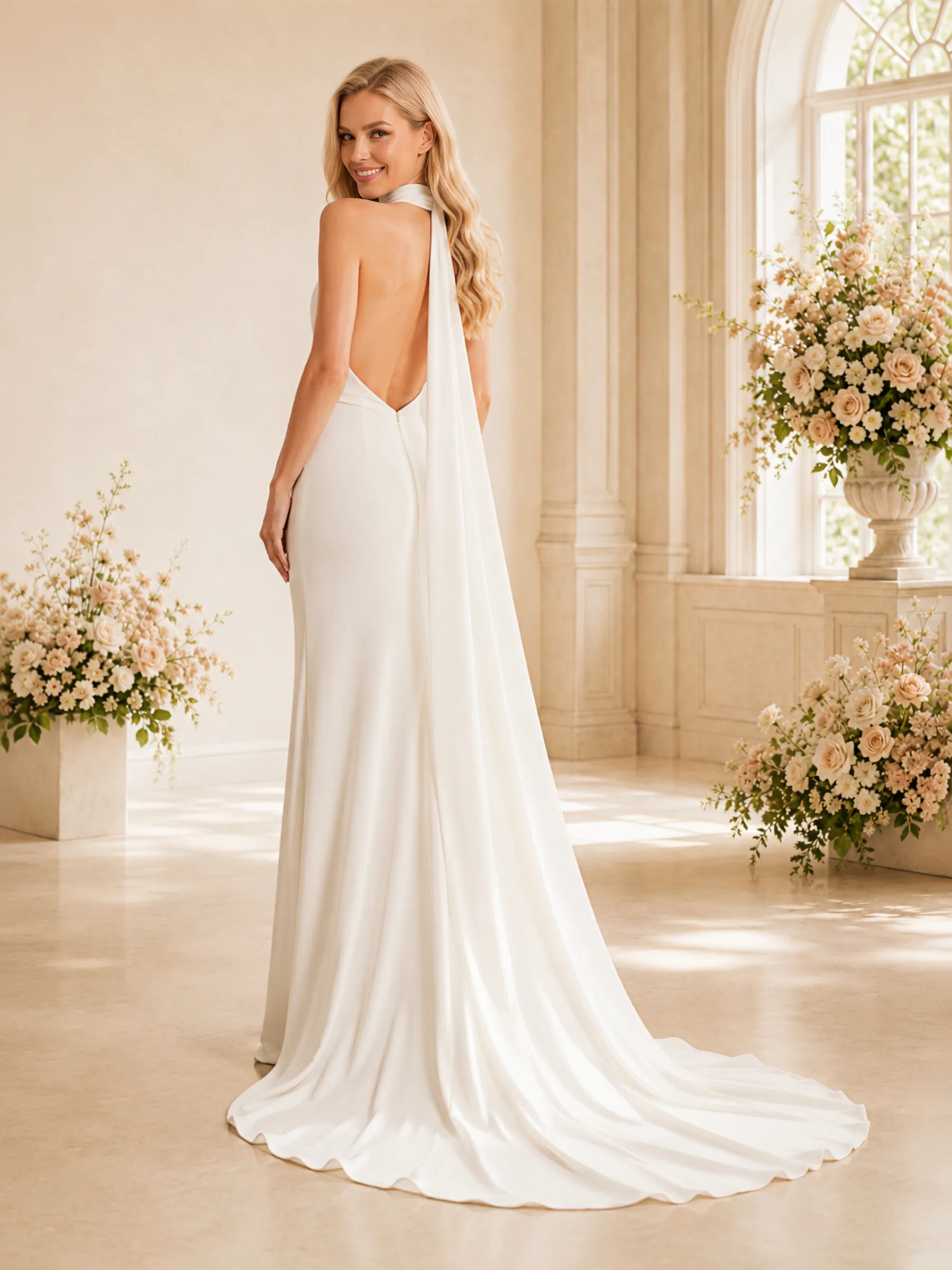 ChicSew Unique Halter Sleeveless Crepe Mermaid Maxi Long Wedding Dresses sold by ChicSew product image thumbnail 4