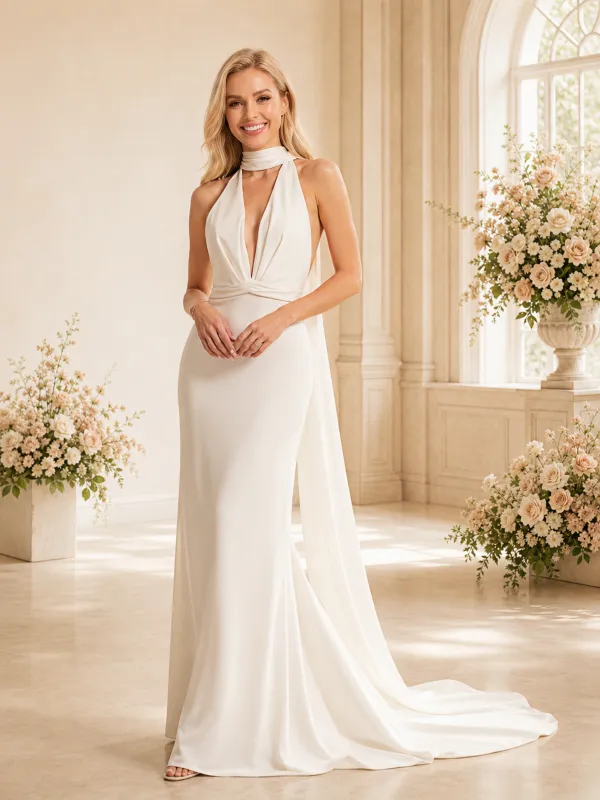 ChicSew Unique Halter Sleeveless Crepe Mermaid Maxi Long Wedding Dresses made by ChicSew