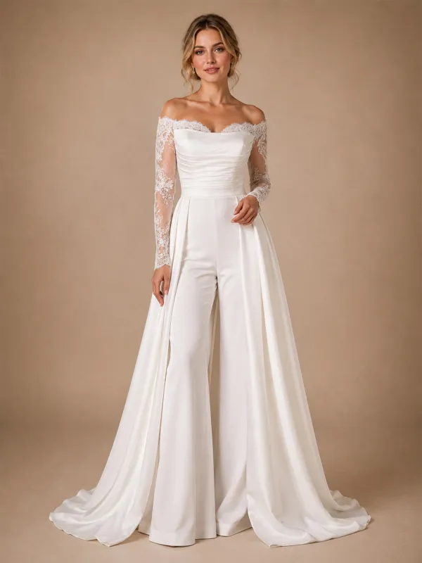 ChicSew Morden Unique Lace Applique Long Sleeves Satin Ruched Floor-Length Wedding Jumpsuit With Overskirt made by ChicSew