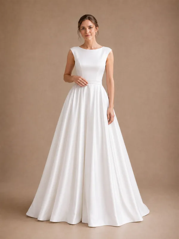 ChicSew Classy Bateau Satin A-Line Sleeveless Floor-Length Wedding Dresses Online made by ChicSew