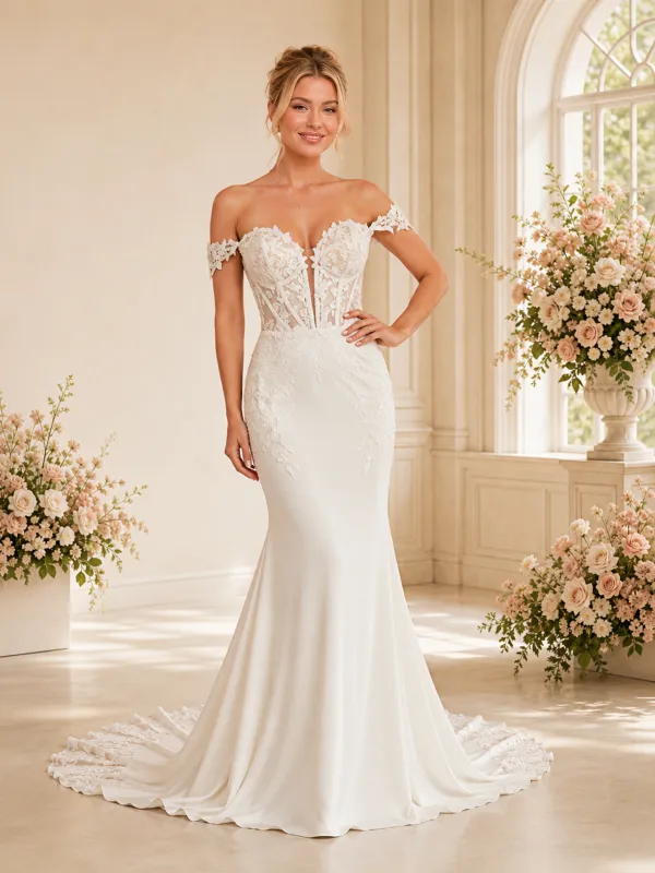 ChicSew Fancy Off The Shoulder Crepe Boning Mermaid Maxi Wedding Dress With Lace Applique made by ChicSew