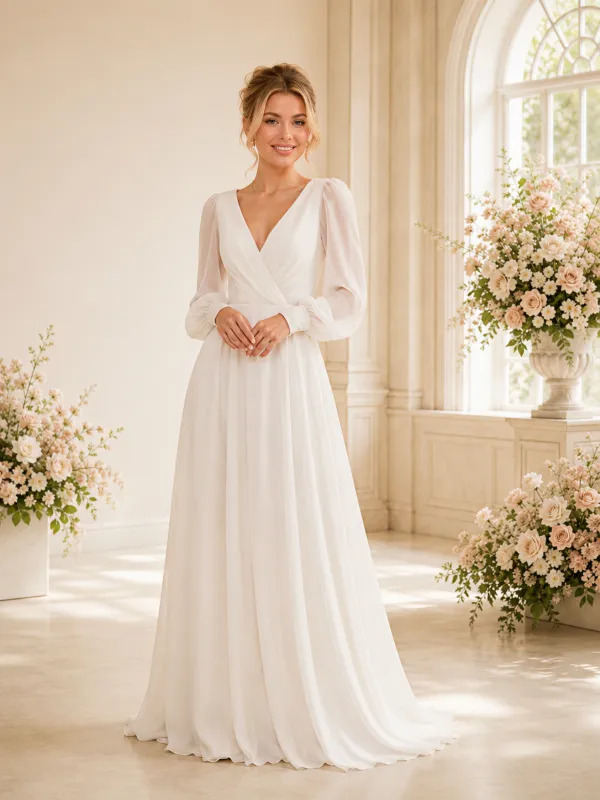 ChicSew Elegant V-Neck Long Sleeves Ruching A-Line Chiffon Floor-Length Wedding Dress made by ChicSew