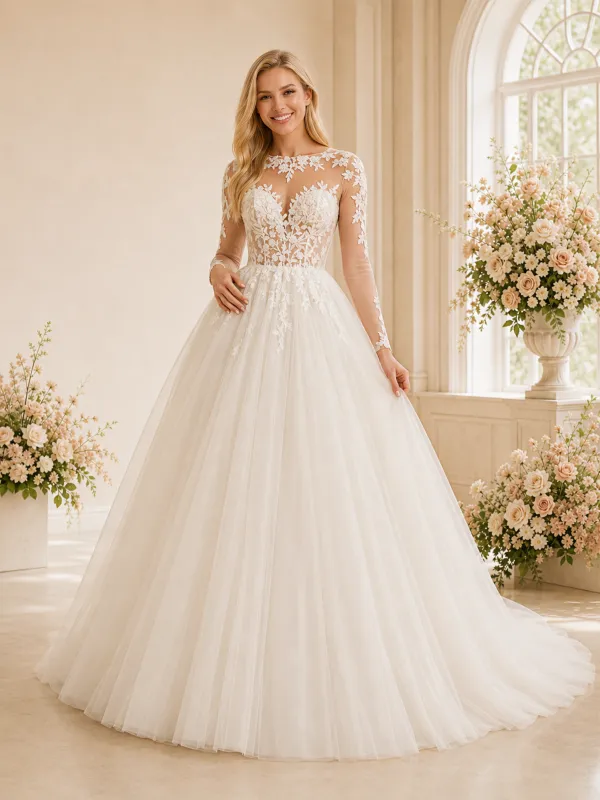ChicSew Romantic Illusion A-Line Boning Lace Tulle Long Wedding Dresses With Button made by ChicSew