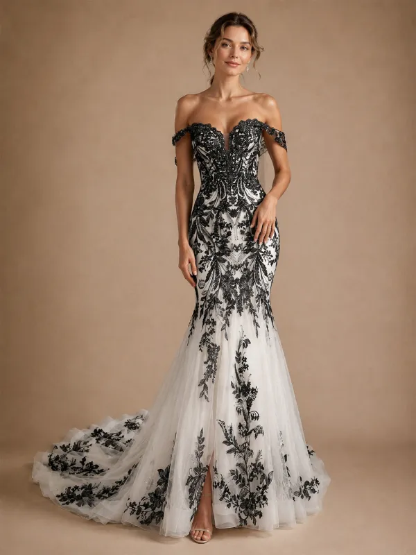 ChicSew Unique Off Shoulder Lace Appliques Tulle Mermaid Floor-Length Wedding Dress Wth Train made by ChicSew