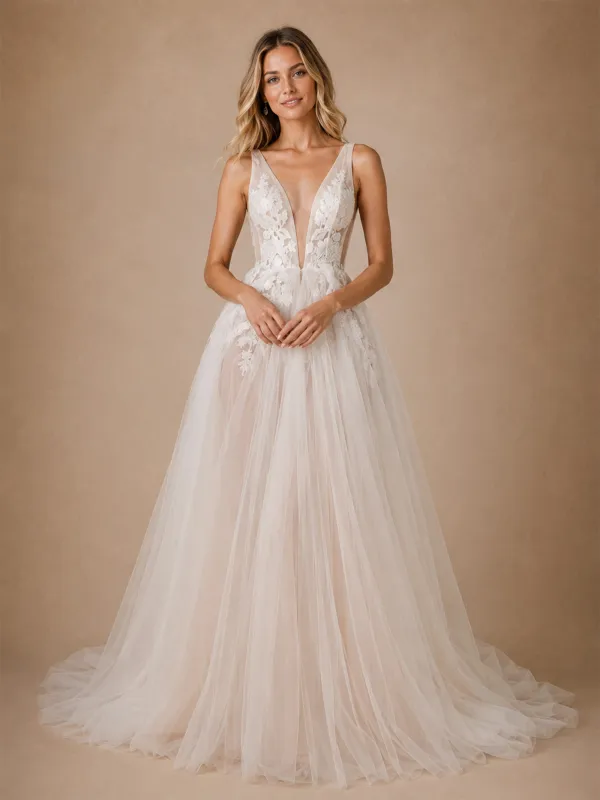 ChicSew Glamorous Sexy Deep V-Neck A-Line Lace Tulle Maxi Long Wedding Dresses made by ChicSew