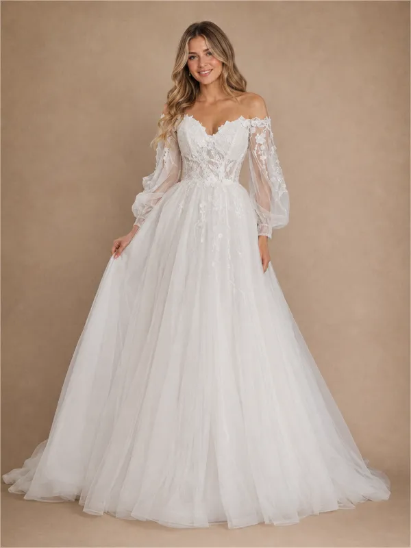 ChicSew Elegant V-Neck 3/4 Sleeves A-Line Tulle Floor-Length Wedding Dress With Lace Appliques made by ChicSew