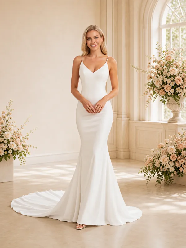 ChicSew Pretty Spaghetti Straps Satin Mermaid Floor-Length Wedding Dress With Open Back made by ChicSew