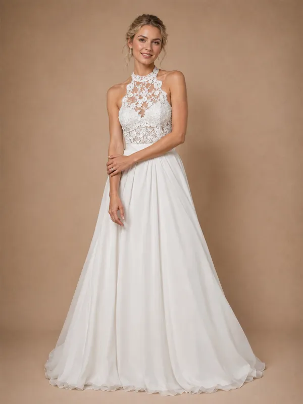ChicSew Pretty Halter Lace Sleeveless Chiffon A-Line Floor-Length Wedding Dresses Online made by ChicSew