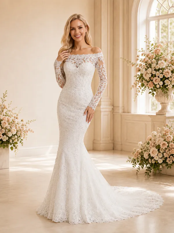 ChicSew Modern Glamorous Mermaid Lace Tulle Off The Shoulder Long Sleeves Full‑Length Wedding Dresses With Button made by ChicSew