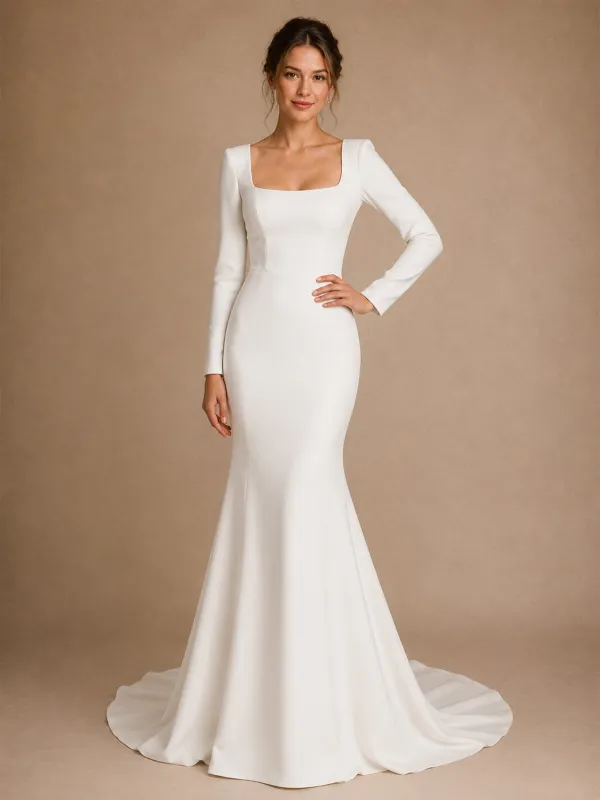 ChicSew Elegant Classy Square Neck Long Sleeves Crepe Mermaid Maxi Wedding Dress With Train made by ChicSew