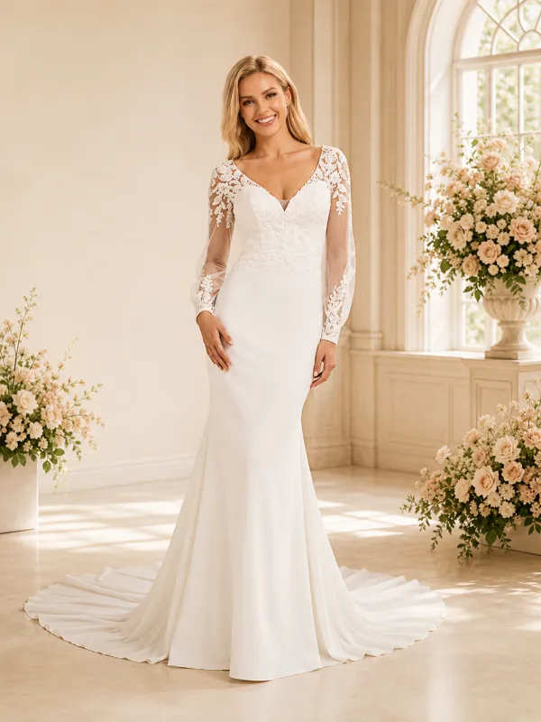 ChicSew Fancy V-Neck Crepe Mermaid Lace Long Sleeves Maxi Wedding Dress With Train made by ChicSew