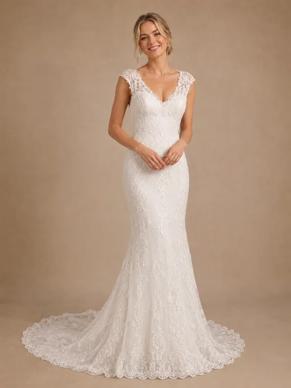 ChicSew Pretty V-Neck Lace Applique Mermaid Floor-Length Wedding Dress Online With Button made by ChicSew