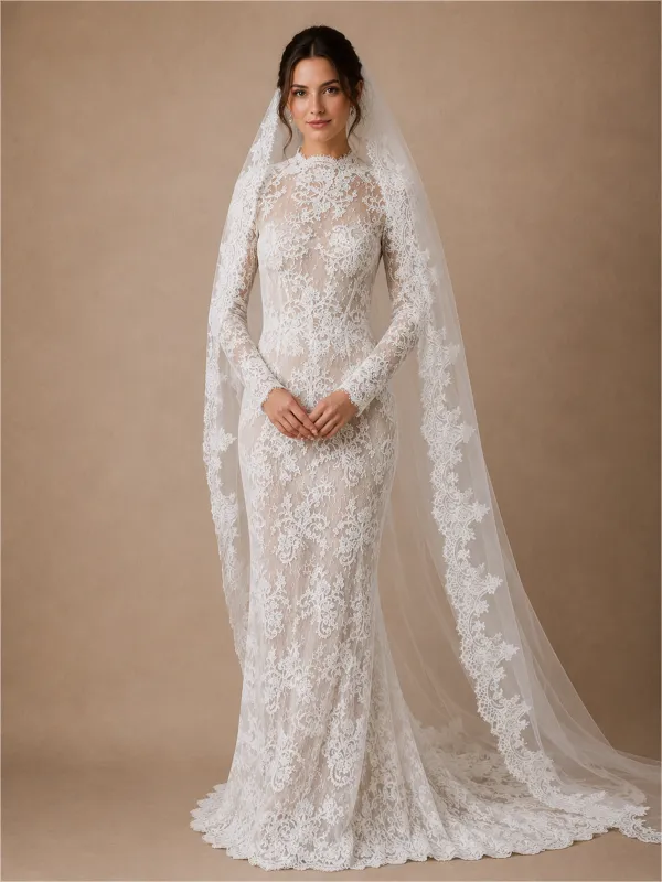 ChicSew Classy Romantic High Neck Long Sleeves Lace Tulle Mermaid Floor-Length Wedding Dress With Long Train made by ChicSew