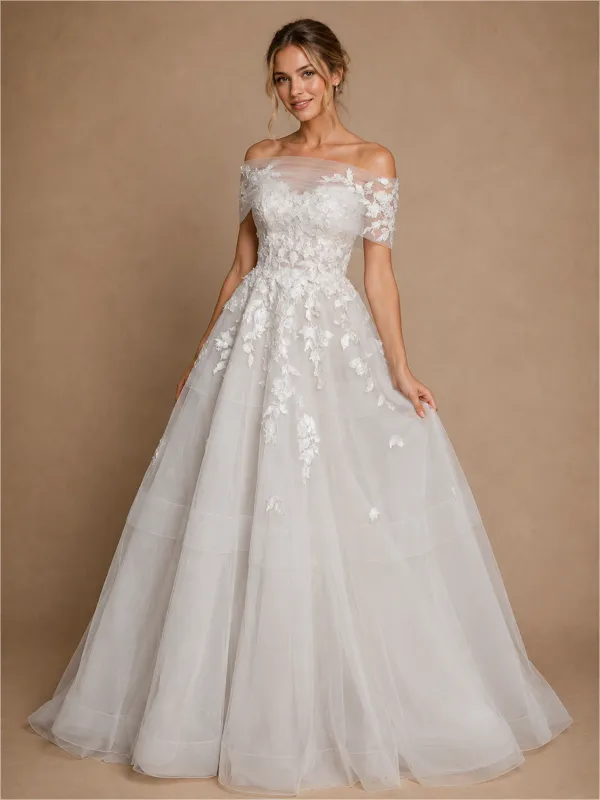 ChicSew Elegant Lace Tulle Off The Shoulder A-Line Floor-Length Wedding Dress With Button made by ChicSew