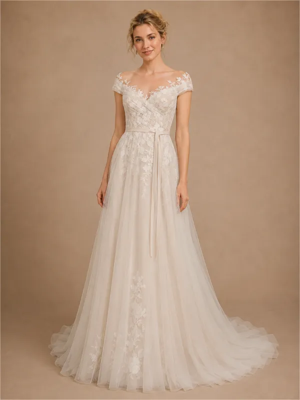 ChicSew Elegant Off The Shoulder Pleated Lace Tulle A-Line Maxi Wedding Dresses Online made by ChicSew