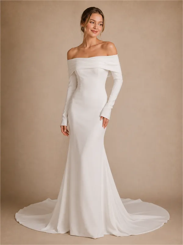 ChicSew Elegant Crepe Off The Shoulder Long Sleeves Mermaid Maxi Wedding Dress With Long Train made by ChicSew
