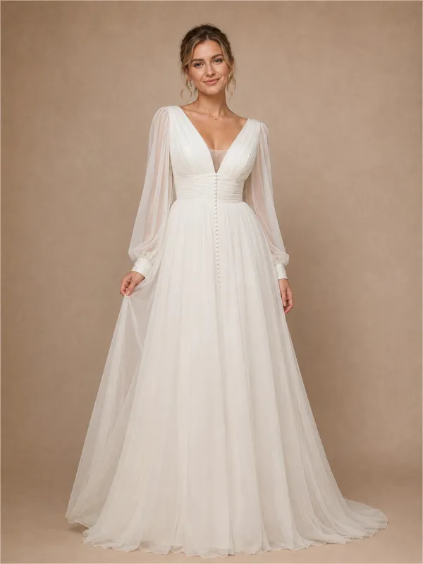 ChicSew Classy V-Neck Chiffon Tulle Long Sleeves A-Line Maxi Long Wedding Dresses With Pleats made by ChicSew