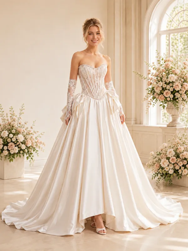 ChicSew Unique Lace Sweetheart Boning Pleated A-Line Satin Floor-Length Wedding Dress made by ChicSew