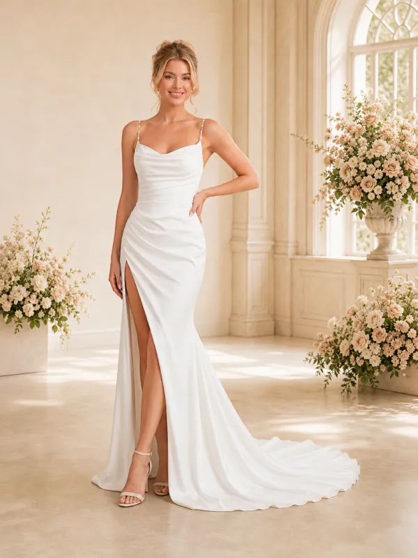 ChicSew Fancy Spaghetti Straps Ruched Satin Mermaid Side Slit Floor-Length Wedding Dress made by ChicSew