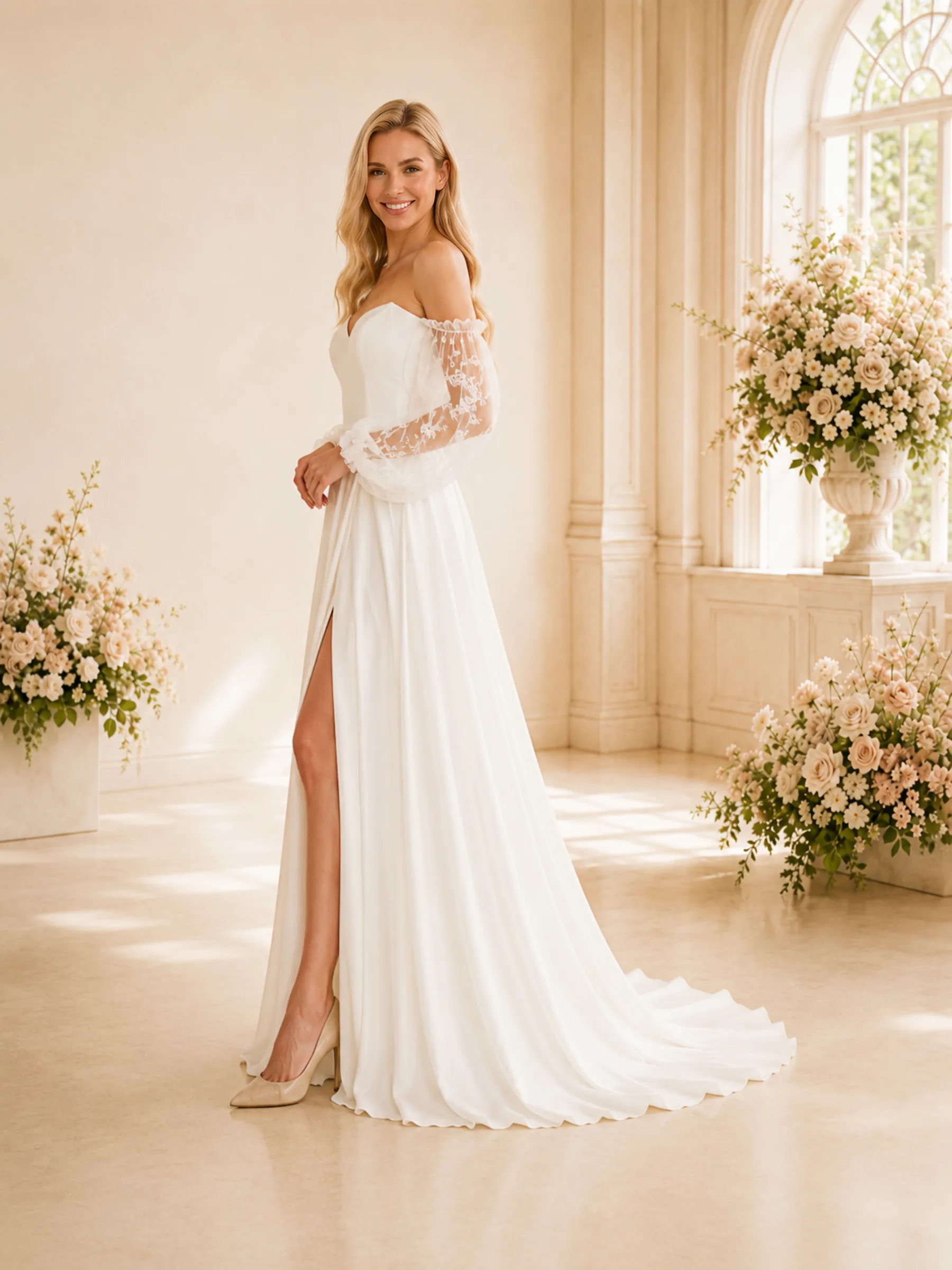 ChicSew Elegant Fancy Long Lace Sleeves A-Line Side Slit Chiffon Floor-Length Wedding Dress With Pleats sold by ChicSew product image thumbnail 3