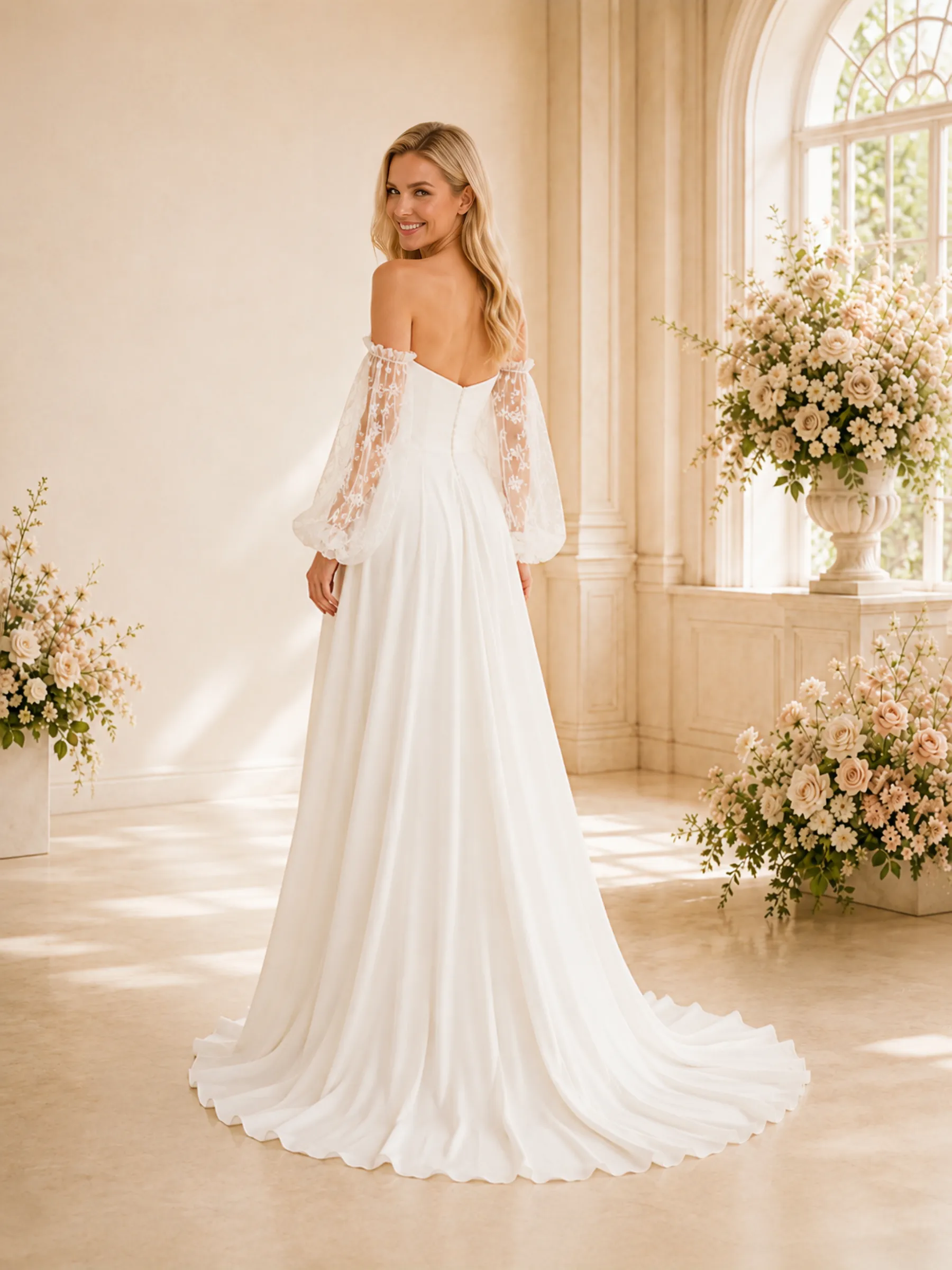 ChicSew Elegant Fancy Long Lace Sleeves A-Line Side Slit Chiffon Floor-Length Wedding Dress With Pleats sold by ChicSew product image thumbnail 4