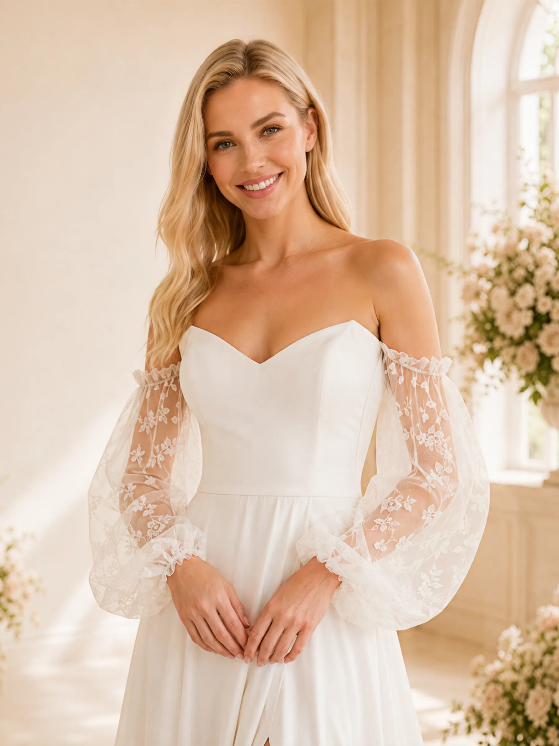 ChicSew Elegant Fancy Long Lace Sleeves A-Line Side Slit Chiffon Floor-Length Wedding Dress With Pleats sold by ChicSew product image thumbnail 2