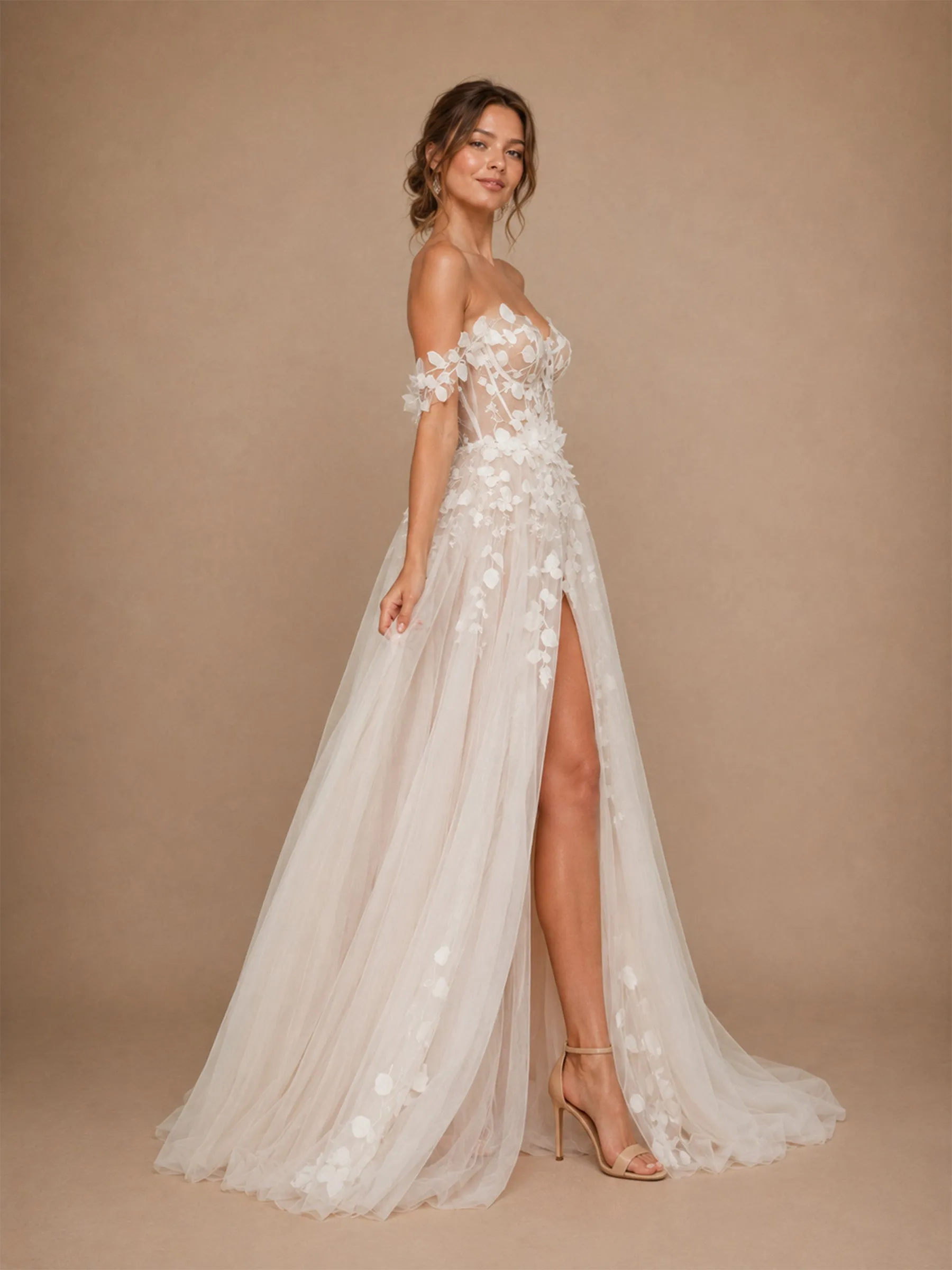 ChicSew Beautiful Off The Shoulder Lace Appliques Tulle A-Line Long Wedding Dress With Side Slit sold by ChicSew product image thumbnail 4