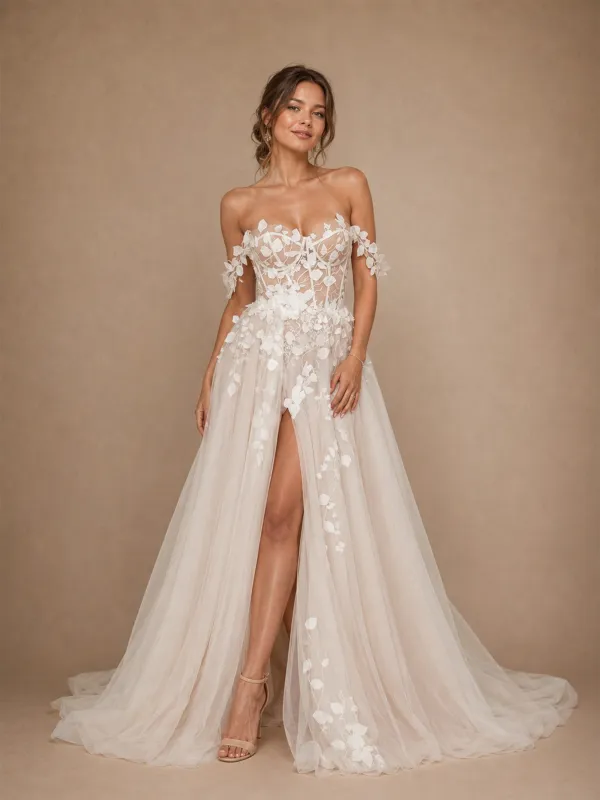 ChicSew Beautiful Off The Shoulder Lace Appliques Tulle A-Line Long Wedding Dress With Side Slit made by ChicSew