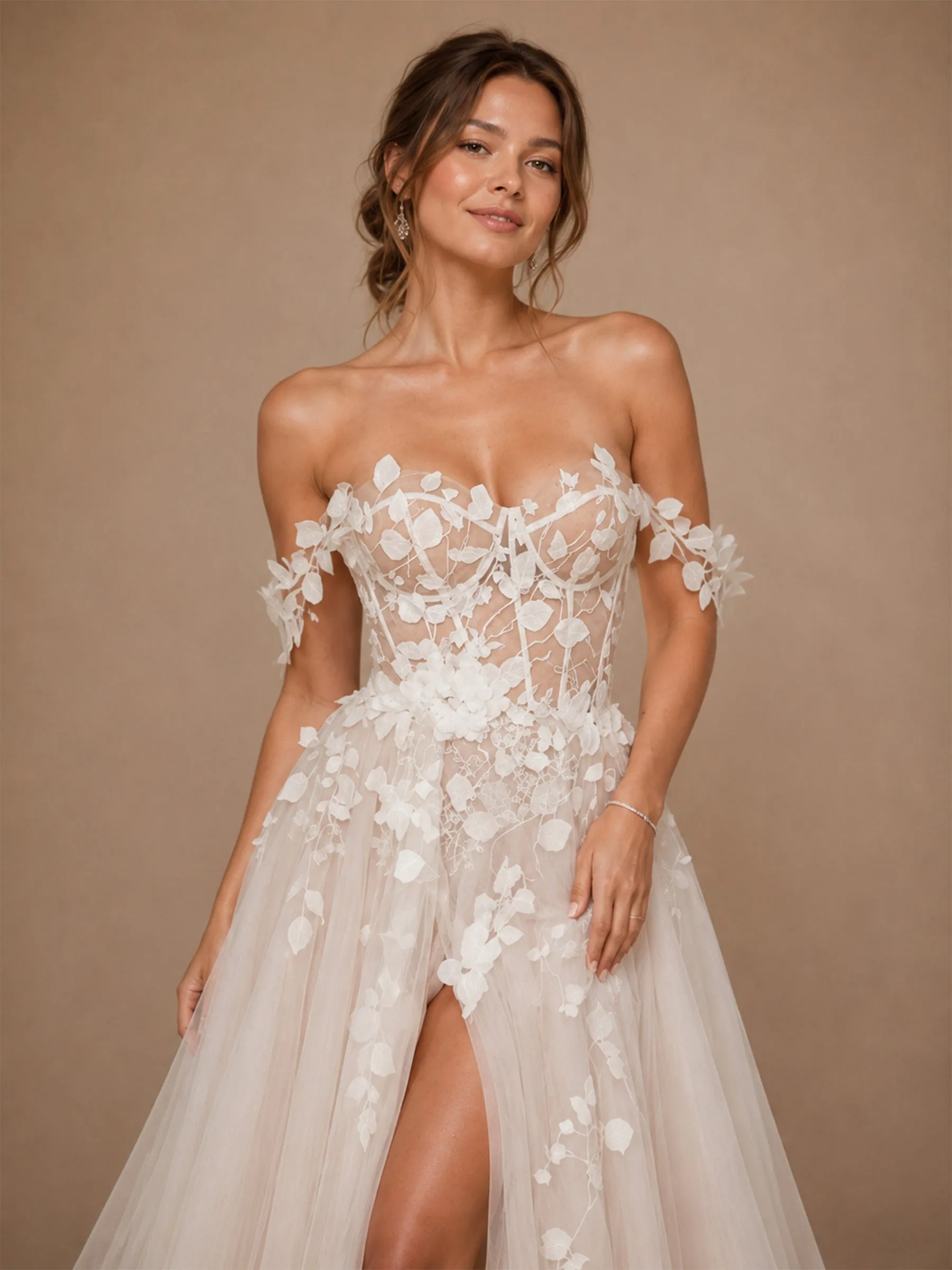 ChicSew Beautiful Off The Shoulder Lace Appliques Tulle A-Line Long Wedding Dress With Side Slit sold by ChicSew product image thumbnail 2
