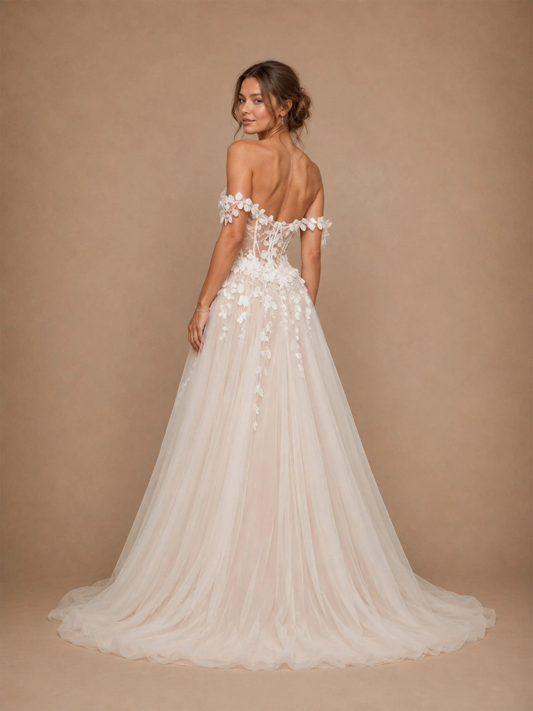 ChicSew Beautiful Off The Shoulder Lace Appliques Tulle A-Line Long Wedding Dress With Side Slit sold by ChicSew product image thumbnail 3