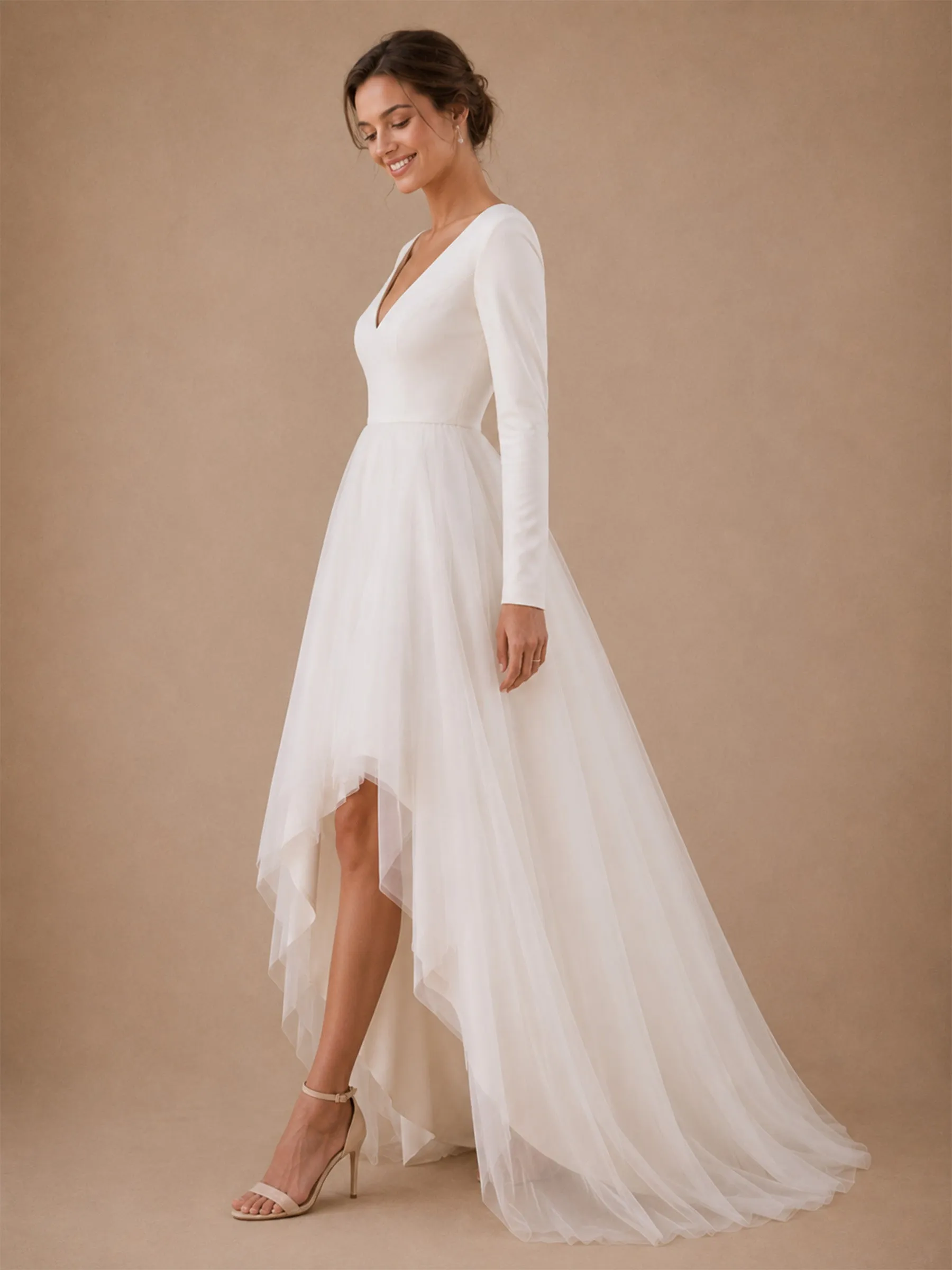 ChicSew Elegant V-Neck Long Sleeves Crepe Tulle A-Line High-Low Wedding Dresses sold by ChicSew product image thumbnail 4