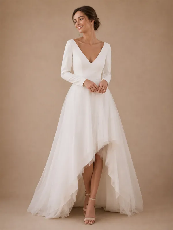 ChicSew Elegant V-Neck Long Sleeves Crepe Tulle A-Line High-Low Wedding Dresses made by ChicSew