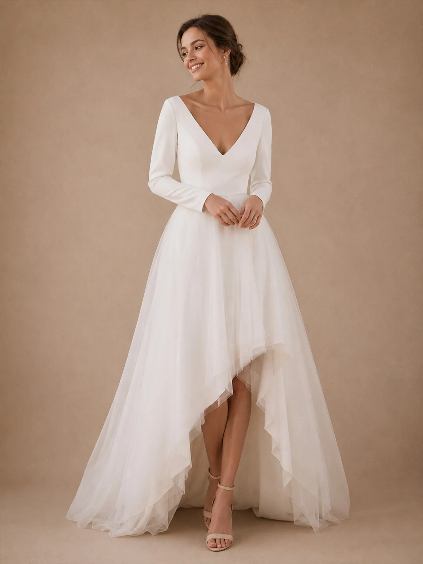 ChicSew Elegant V-Neck Long Sleeves Crepe Tulle A-Line High-Low Wedding Dresses sold by ChicSew