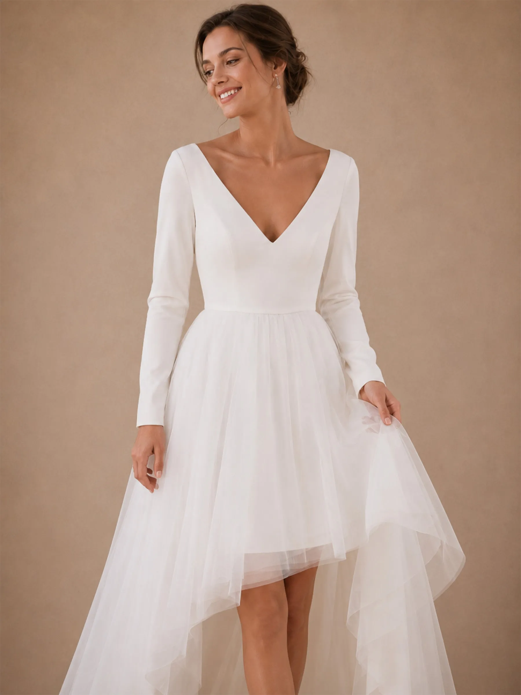 ChicSew Elegant V-Neck Long Sleeves Crepe Tulle A-Line High-Low Wedding Dresses sold by ChicSew product image thumbnail 2