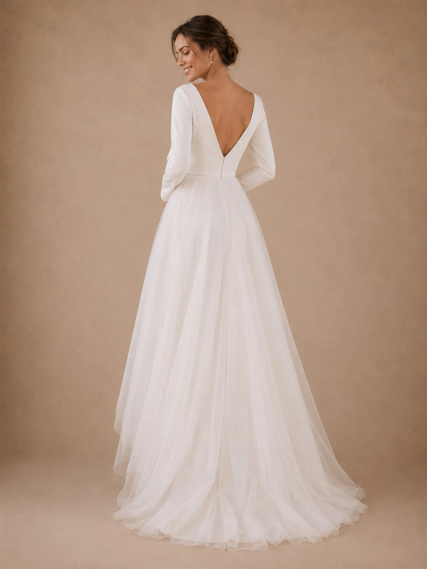 ChicSew Elegant V-Neck Long Sleeves Crepe Tulle A-Line High-Low Wedding Dresses sold by ChicSew product image thumbnail 3