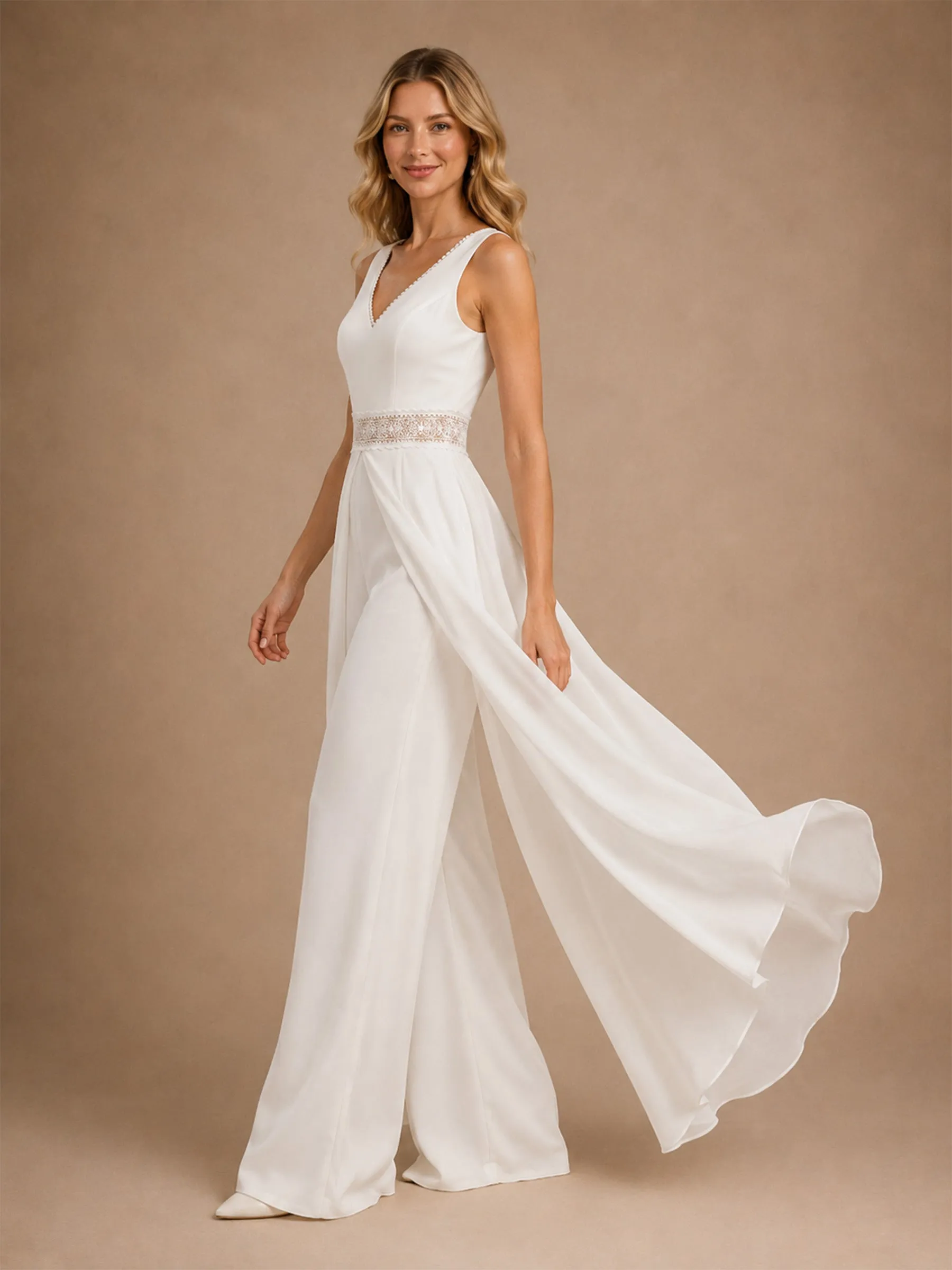 ChicSew Unique V-Neck Sleeveless Crepe Floor-Length Wedding Jumpsuit With Lace Appliques sold by ChicSew product image thumbnail 3