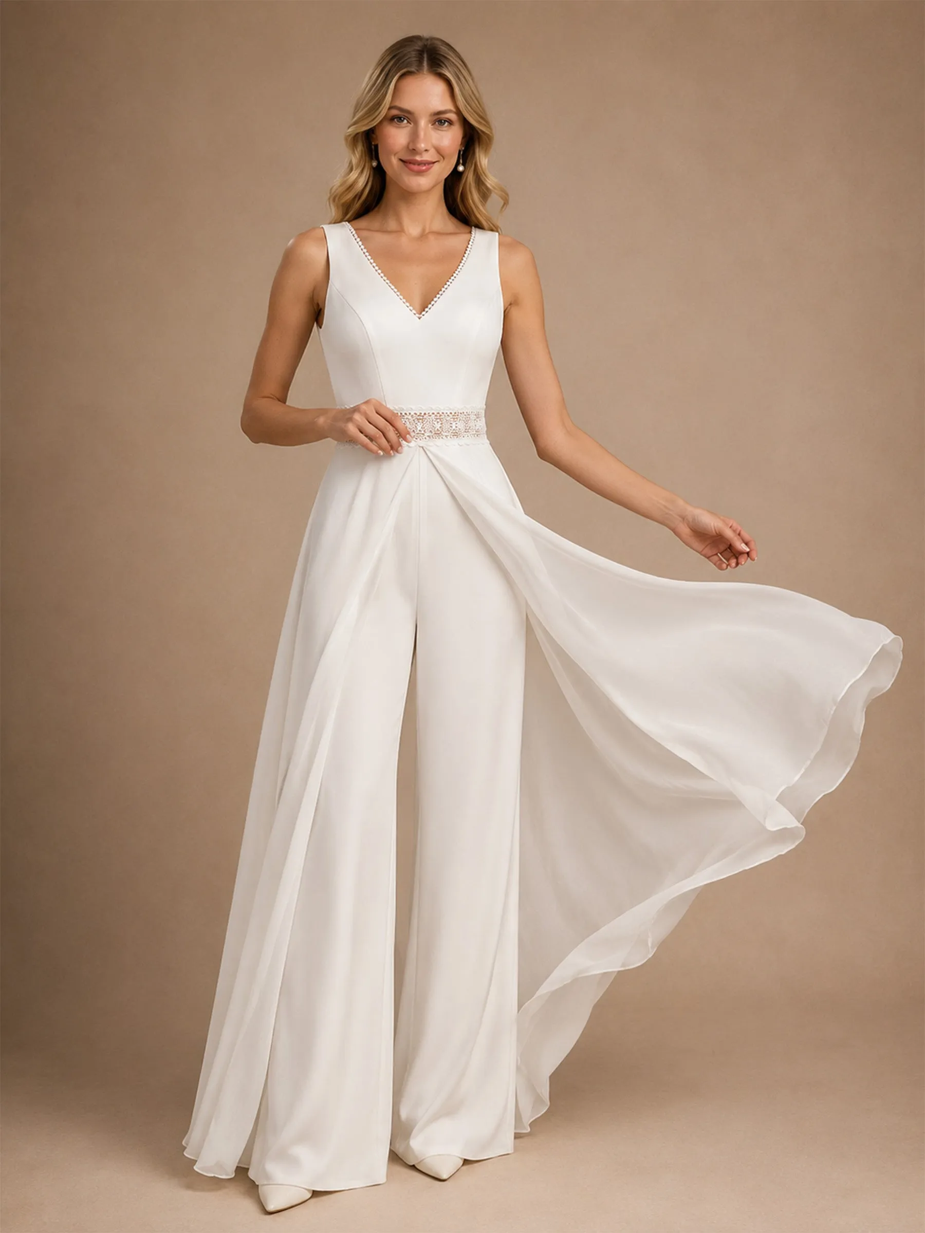 ChicSew Unique V-Neck Sleeveless Crepe Floor-Length Wedding Jumpsuit With Lace Appliques sold by ChicSew