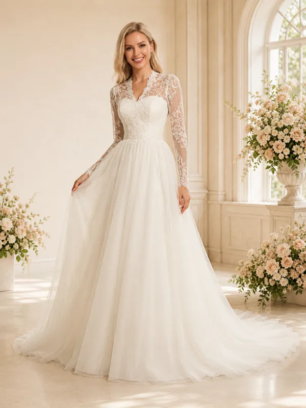 ChicSew Elegant Classy V-Neck Long Sleeves A-Line Lace Tulle Floor-Length Wedding Dress With Applique made by ChicSew