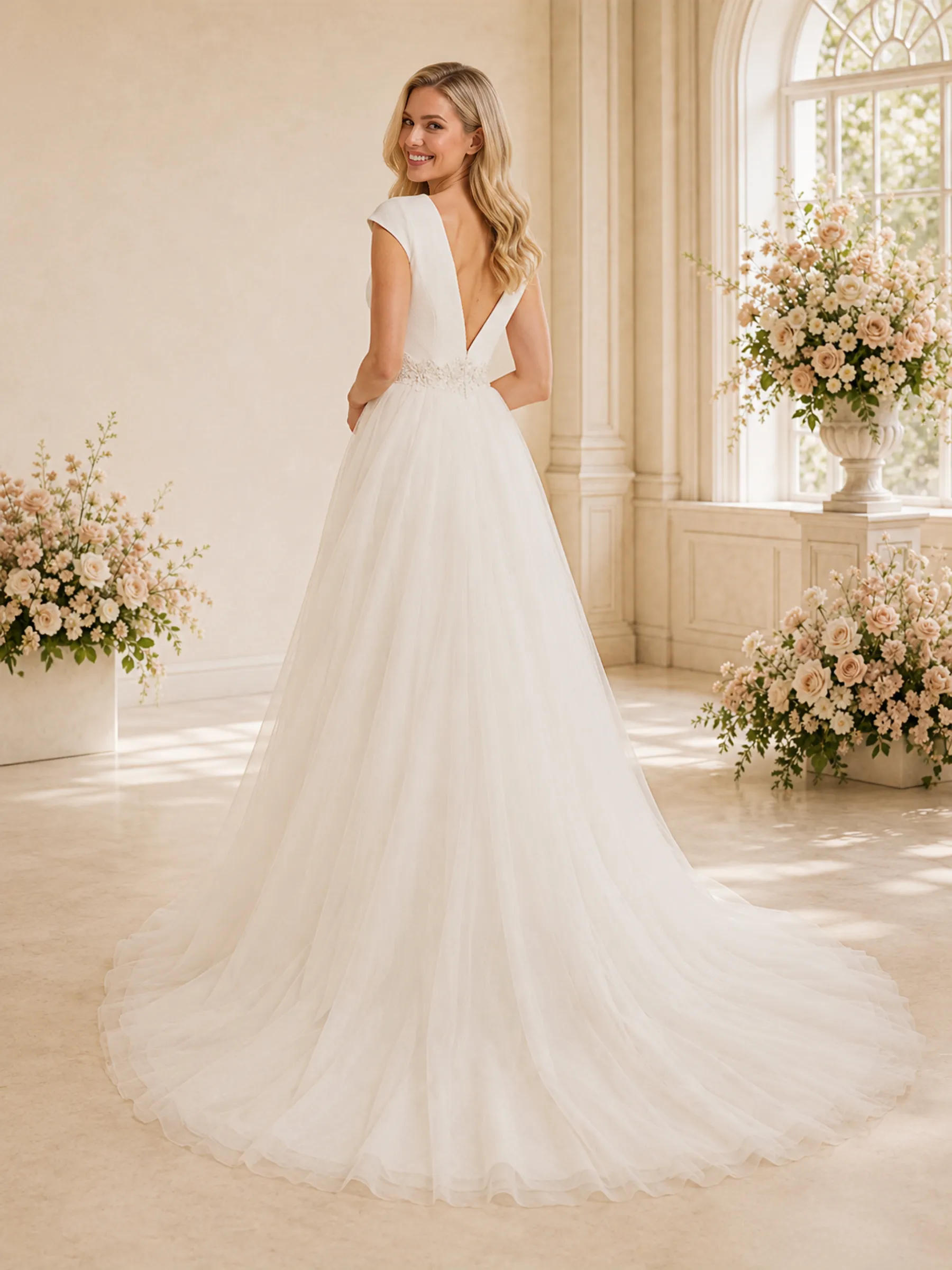 ChicSew Fancy Deep V-Neck Sleeveless A-Line Tulle Floor-Length Wedding Dress With Applique sold by ChicSew product image thumbnail 4